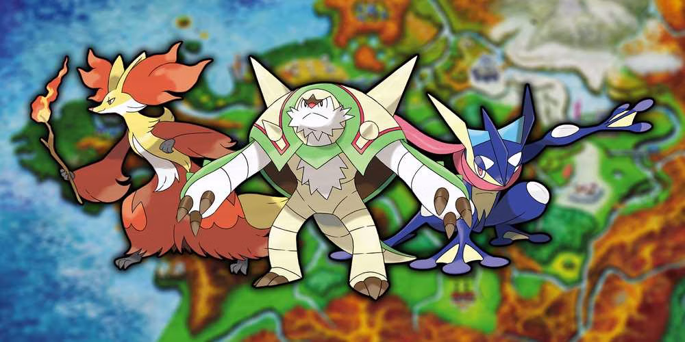 Delphox, Chesnaught e Greninja de Pok&eacute;mon X e Y com um mapa da regi&atilde;o de Kalos ao fundo