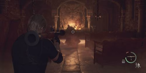 Leon aponta o Lan&ccedil;a-m&iacute;sseis em Resident Evil 4 remake