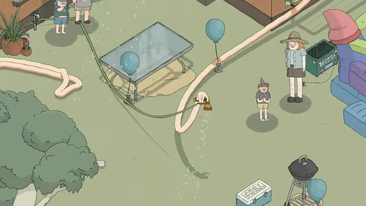 Personagens reunidos em um espa&ccedil;o decorado com bal&otilde;es, mesa e brinquedos