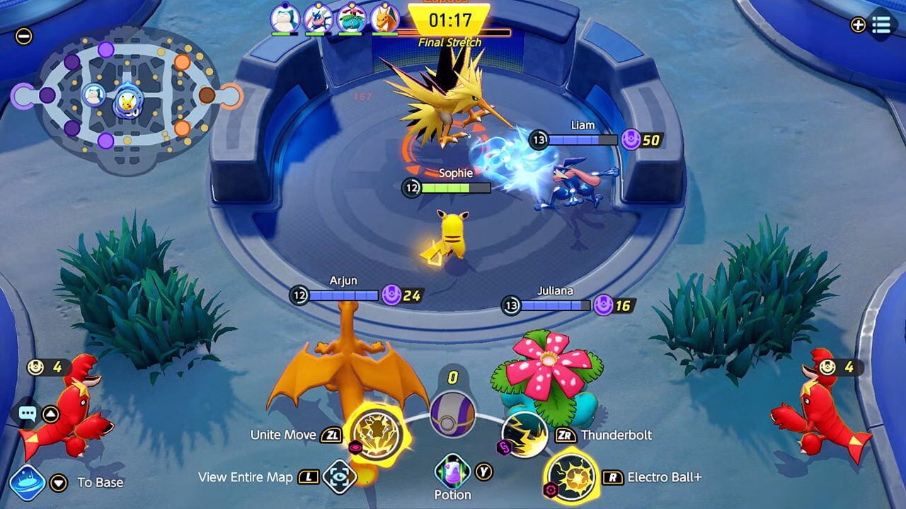 Pok&eacute;mon disputam uma batalha ao redor de Zapdos na arena