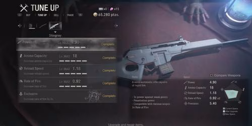 A Stingray no menu de melhorias em Resident Evil 4 remake