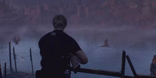 Leon observa o lago em Resident Evil 4 remake