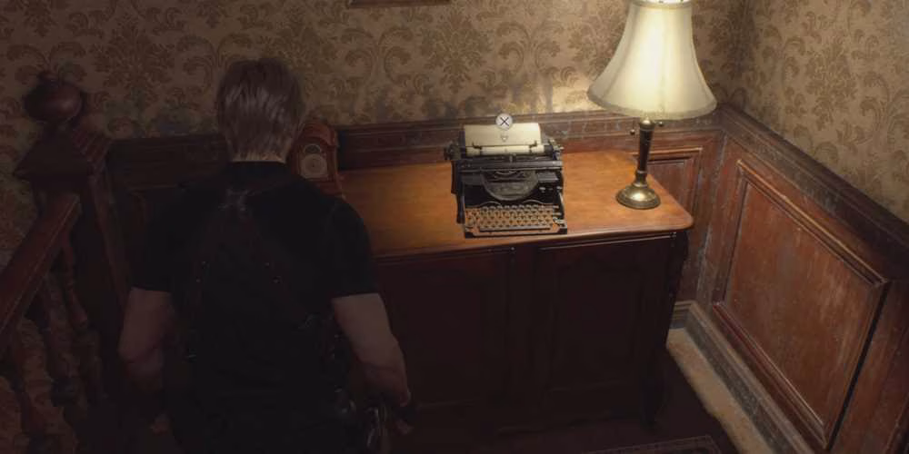 Leon finds a Typewriter in Resident Evil 4 Remake