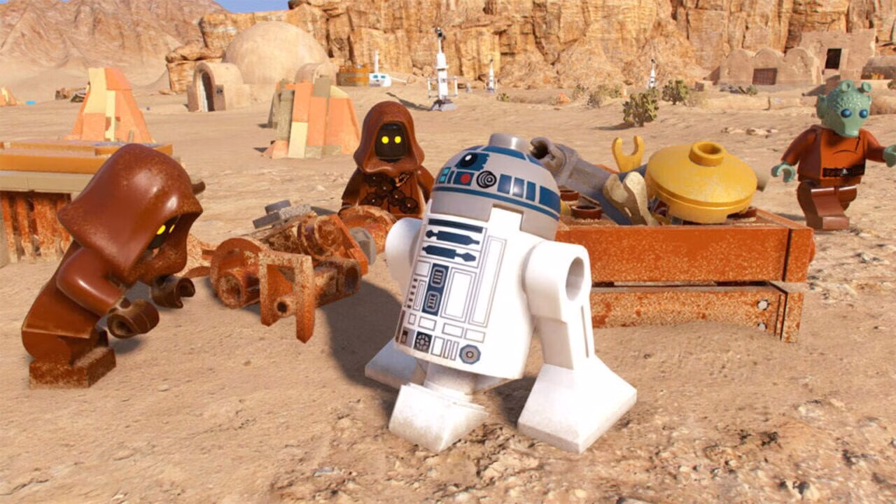 R2-D2 e personagens de LEGO Star Wars exploram um assentamento des&eacute;rtico