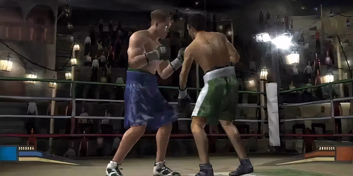 Pugilistas disputam uma luta em uma arena lotada