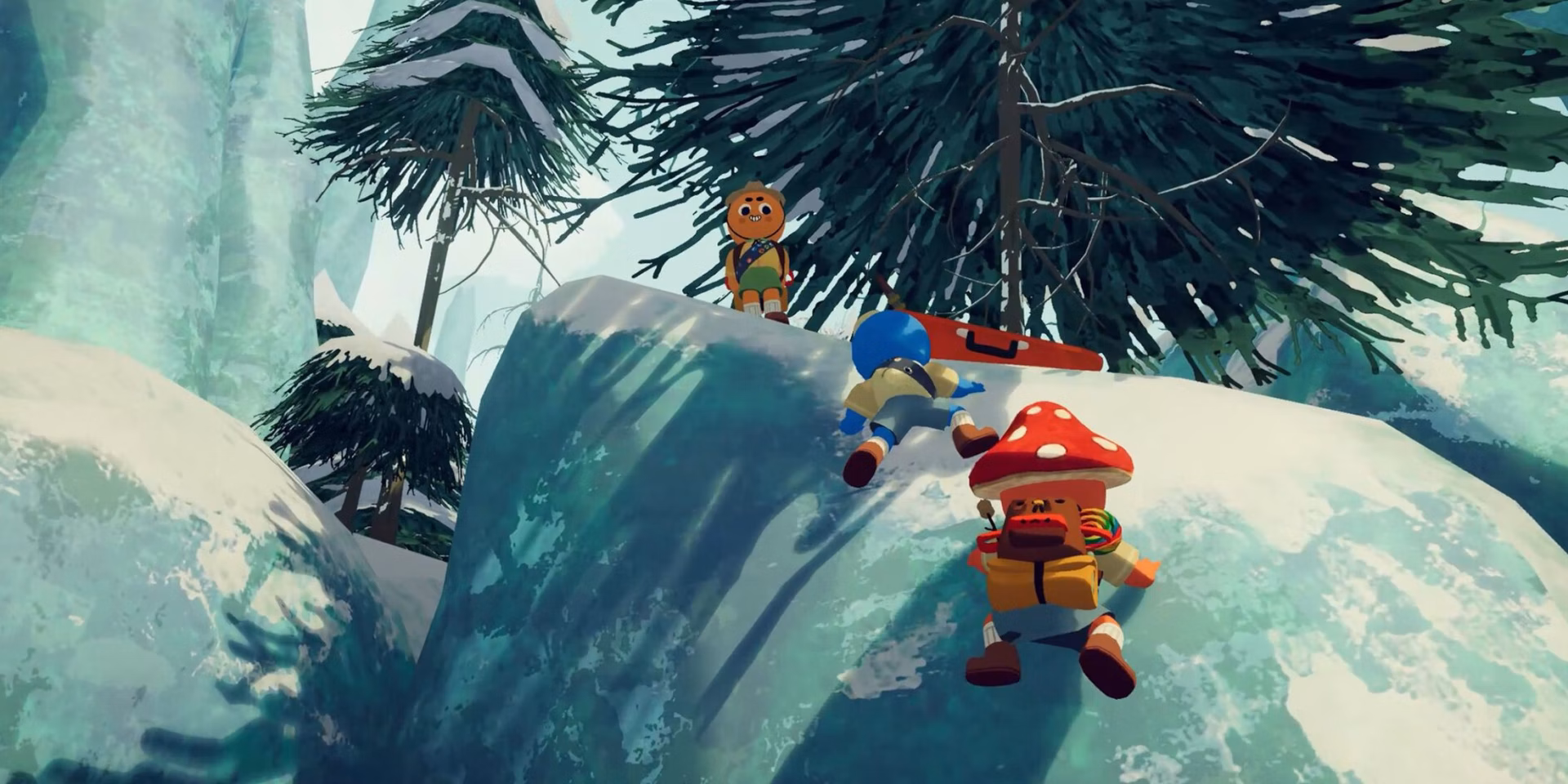 Aventureiros escalam uma encosta coberta de neve em PEAK