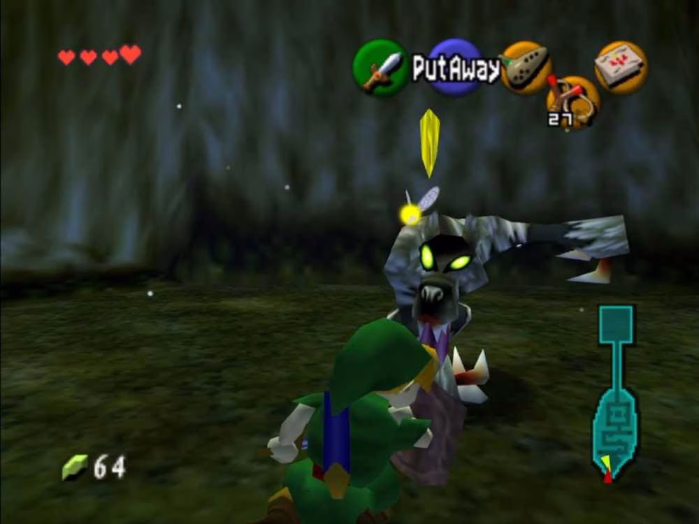 Link em frente a um lobo humanoide se preparando para atacar em Ocarina of Time.