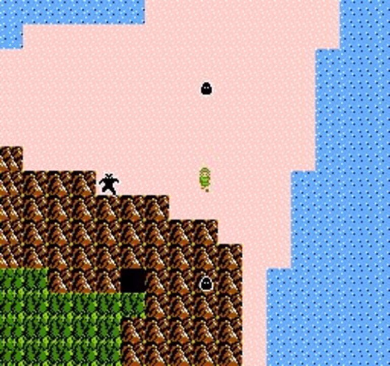 Link salta entre plataformas rochosas em Zelda II
