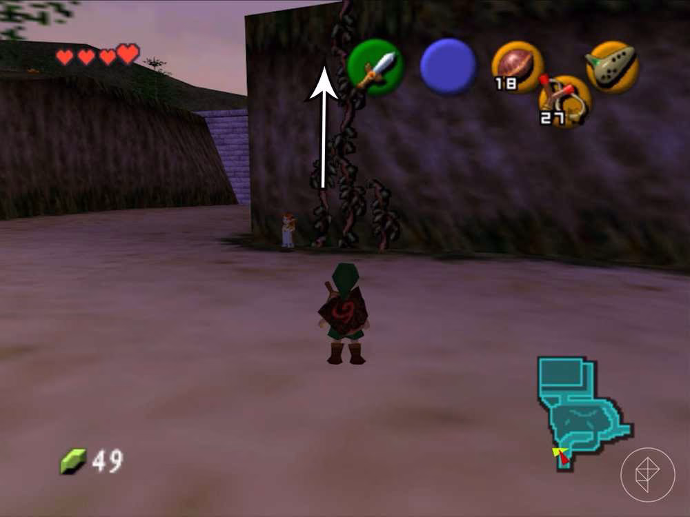 Link, ainda crian&ccedil;a, em frente a uma garota e a uma trepadeira crescendo na parede em Ocarina of Time.