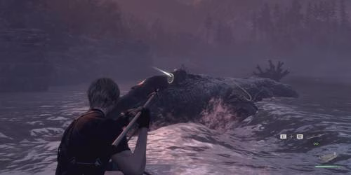 Leon mira um arp&atilde;o em Del Lago em Resident Evil 4 remake