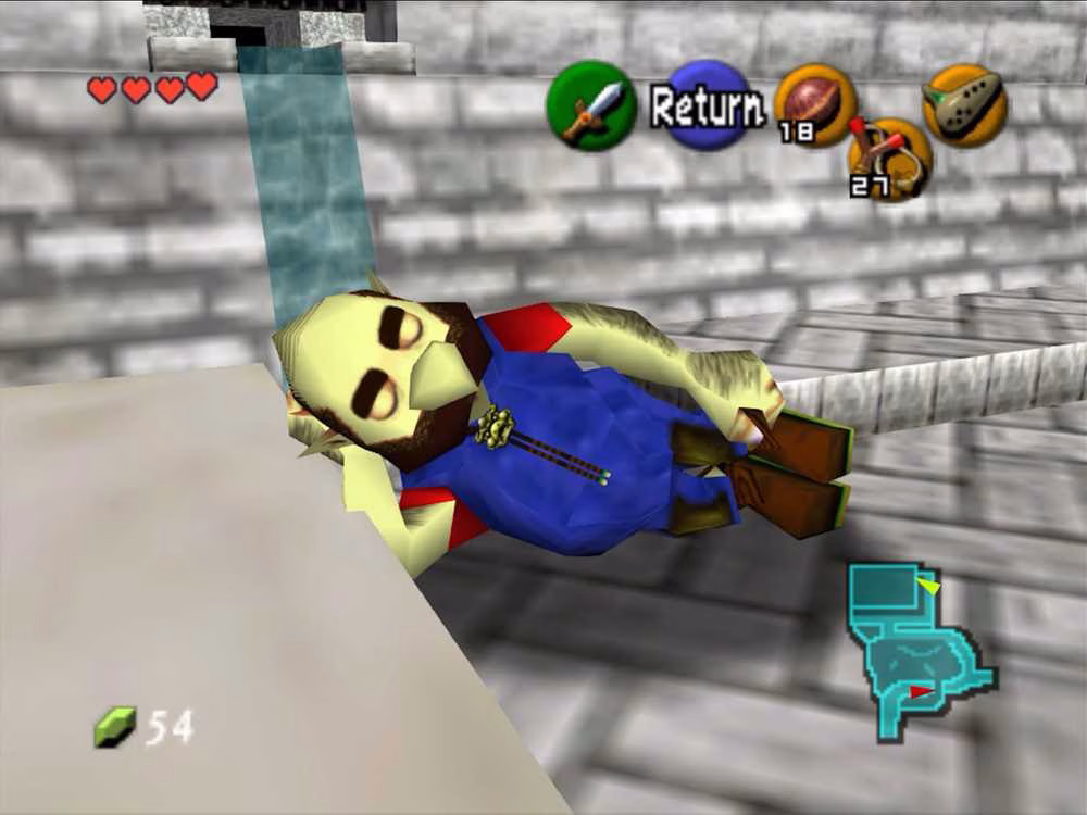 Um homem dormindo com bigode, macac&atilde;o azul e camisa vermelha em Ocarina of Time.