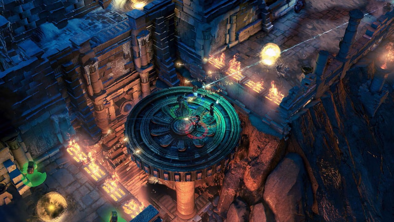 C&acirc;mara de Lara Croft and the Temple of Osiris com plataformas, armadilhas e chamas