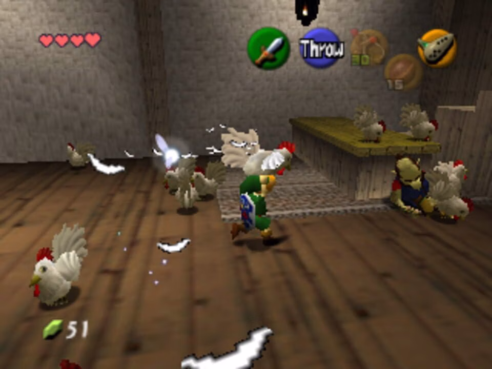 Link cercado por galinhas dentro de uma casa no Ocarina of Time original