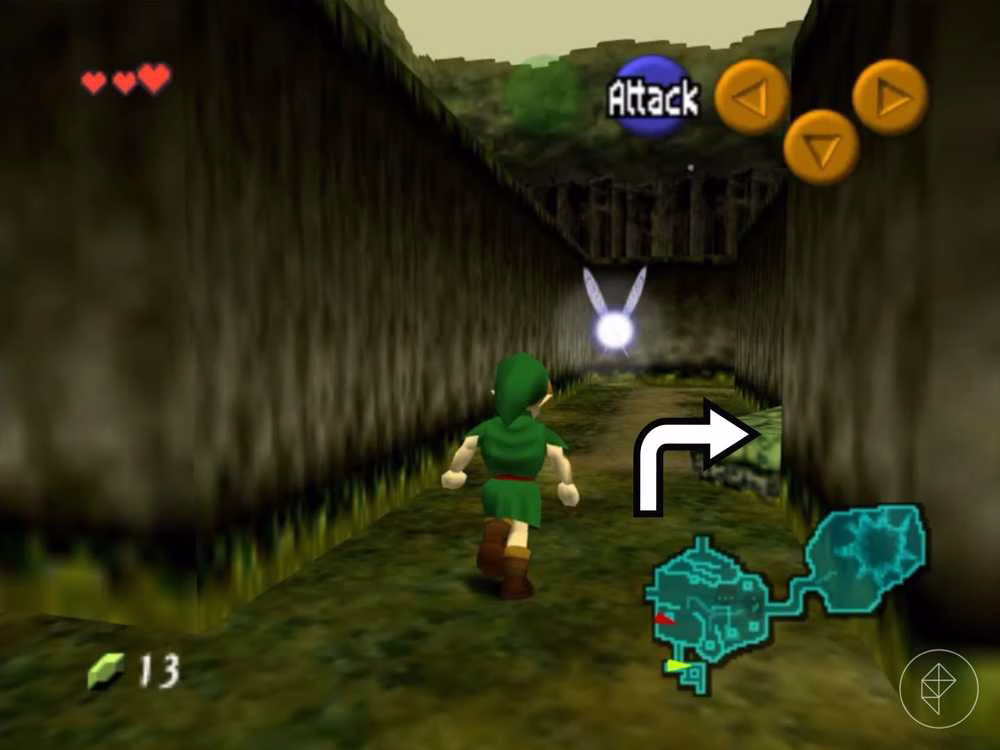 Link, um elfo vestindo roupas verdes, caminhando por um caminho fechado em Ocarina of Time.