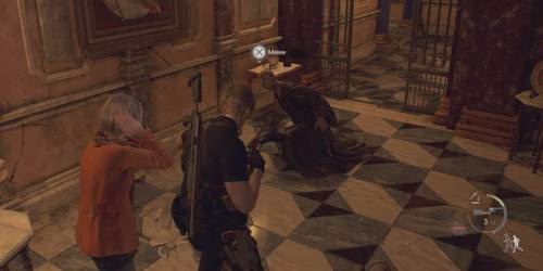 Leon atordoa um cultista em Resident Evil 4 remake