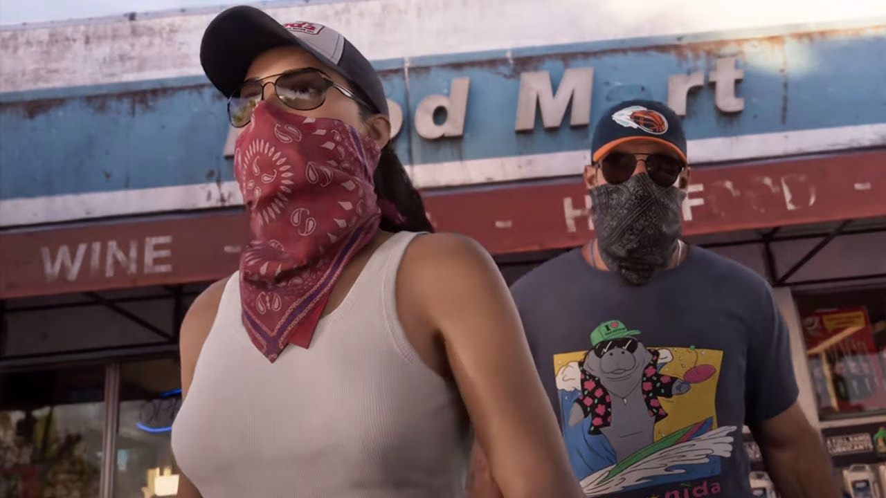 Jason e Lucia mascarados diante de uma loja de conveni&ecirc;ncia