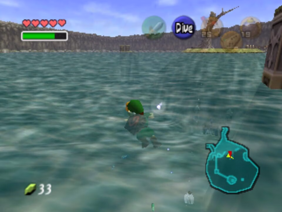 Link nada em um lago em Ocarina of Time