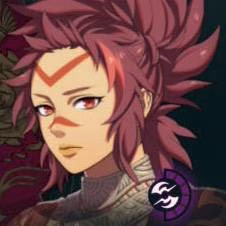 Mulher de cabelos vermelhos espetados e marcas no rosto em Fire Emblem: Fortune's Weave