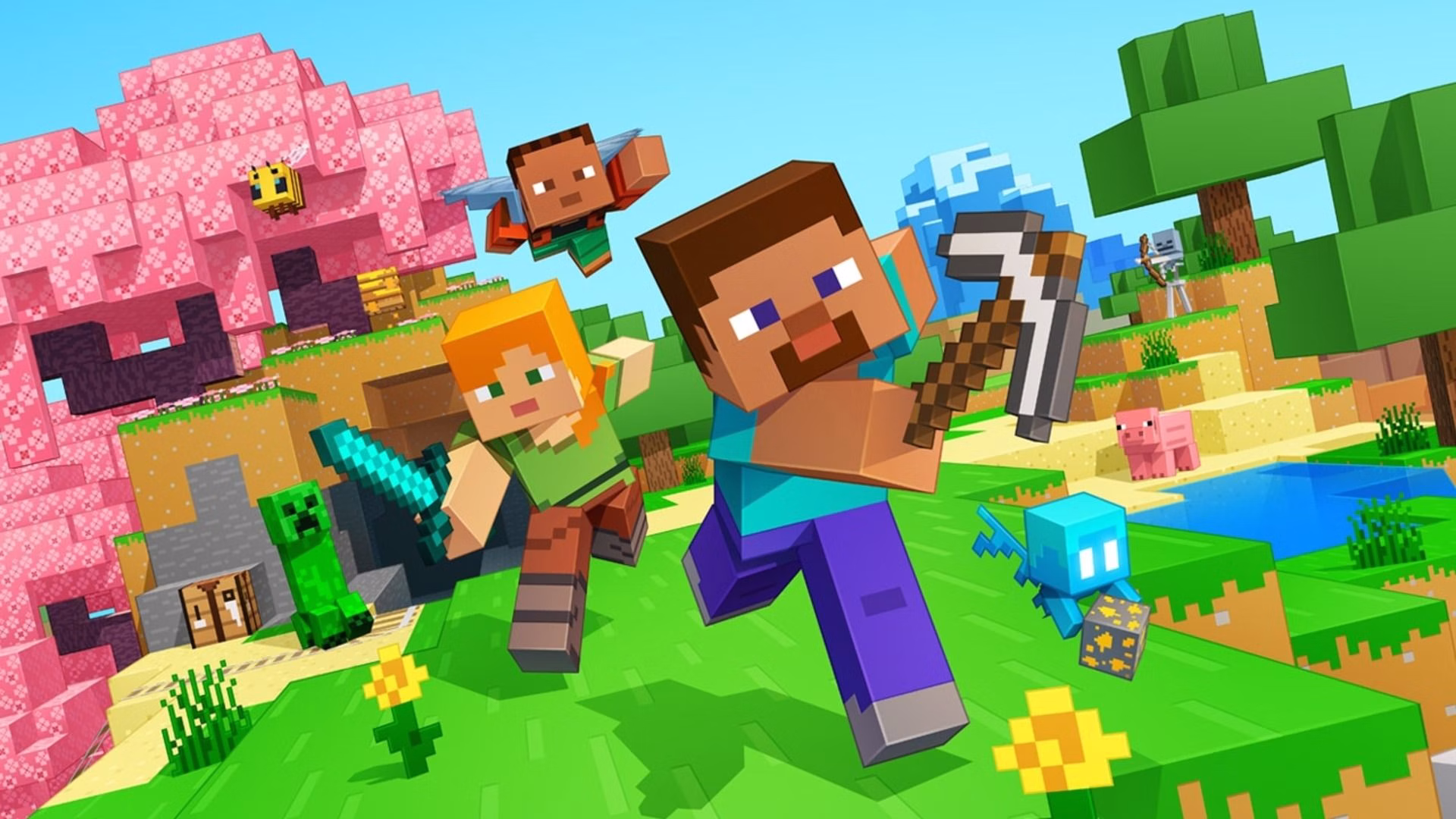 Steve e Alex correm por uma paisagem de Minecraft com animais e &aacute;rvores