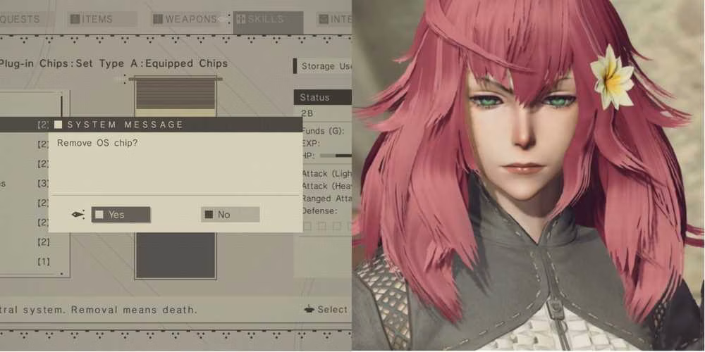 NieR Automata com o menu do sistema e Devola