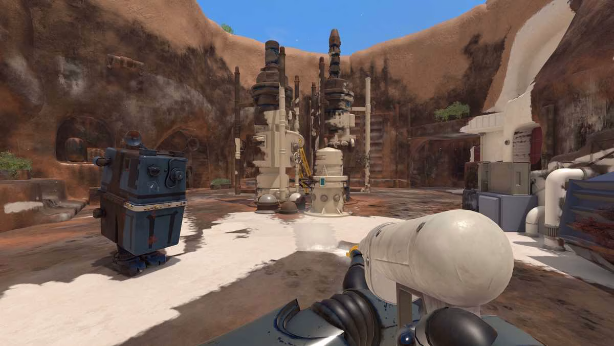Um droid limpando uma fazenda de umidade no DLC de Star Wars de PowerWash Simulator 2