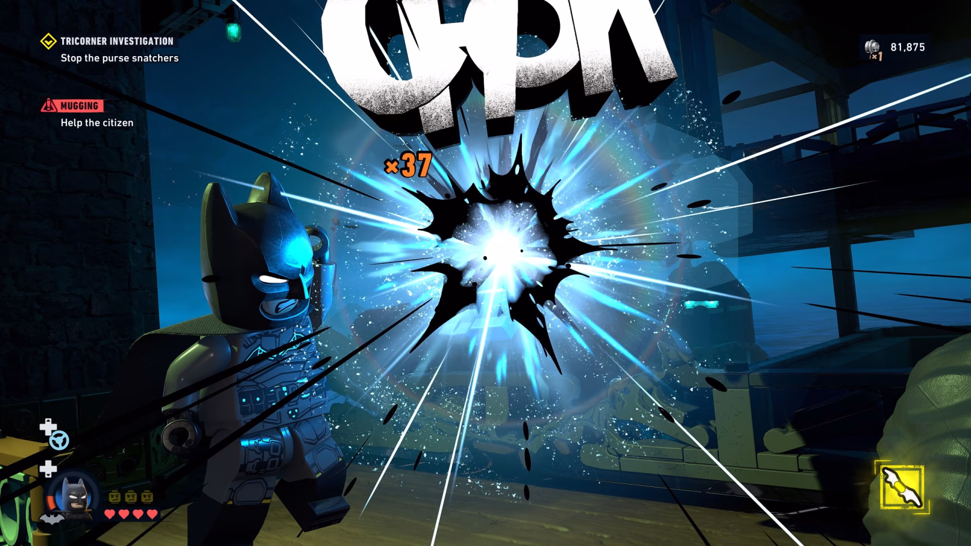 A LEGO Batman: Legacy of the Dark Knight character executes an attack in 'TRICORNER INVESTIGATION' with on-screen notifications for 'MUGGING' and a combo multiplier '&times;37'.