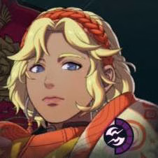 Mulher de cabelos loiros curtos e tran&ccedil;a laranja em Fire Emblem: Fortune's Weave