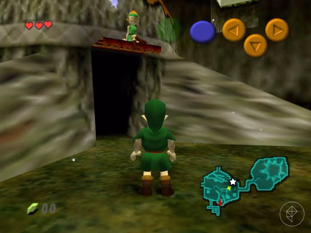Link, um elfo parado em frente a um pr&eacute;dio em forma de &aacute;rvore com um elfo sentado no telhado em Ocarina of Time.