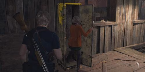 Ashley escondida em um arm&aacute;rio em Resident Evil 4 Remake