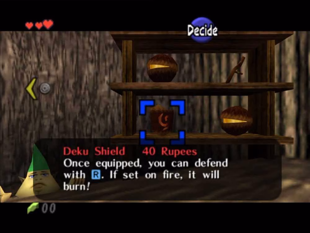 O Escudo Deku encontrado na Loja Kokiri em Ocarina of Time.