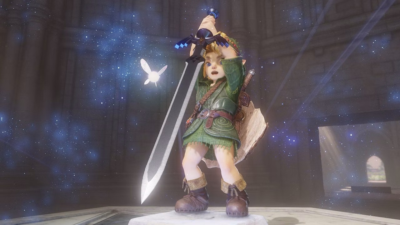 Link ergue a espada com uma fada brilhando ao seu lado