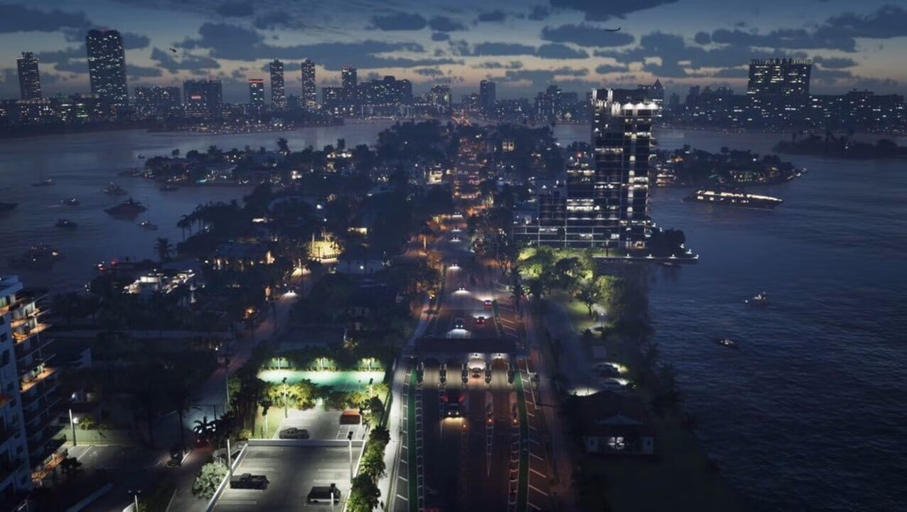 Cidade costeira iluminada &agrave; noite em Grand Theft Auto VI