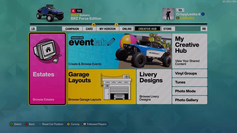 estates option in creative hub forza horizon 6