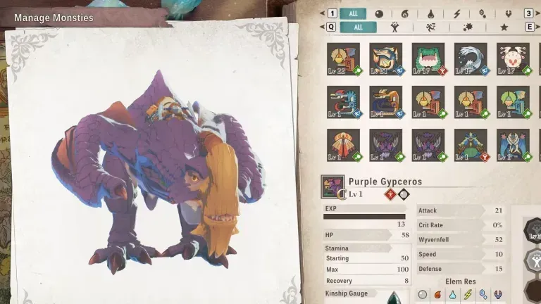 Gerenciamento de monsties, exibindo Purple Gypceros