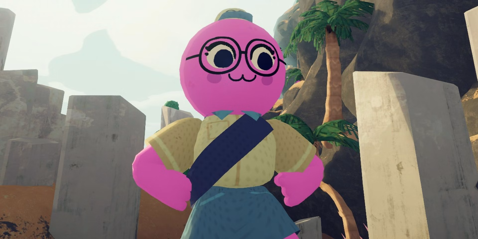 Personagem rosa de &oacute;culos entre ru&iacute;nas e palmeiras em PEAK