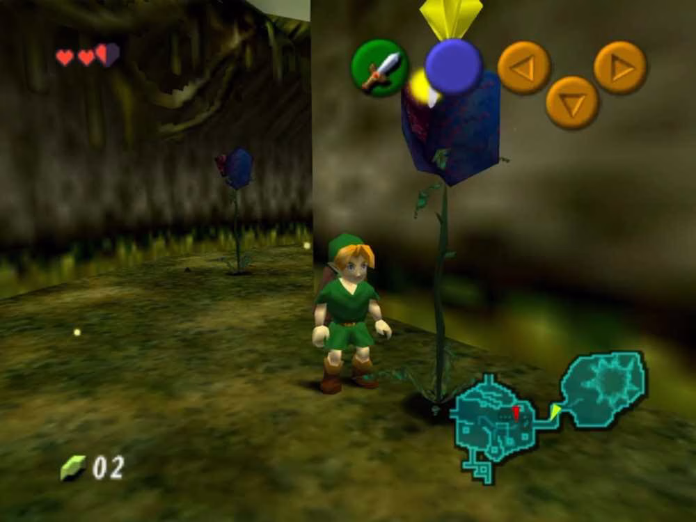 Link jovem em frente a um Deku Baba ressecado em Ocarina of Time.