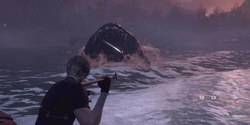 Leon mira um arp&atilde;o na boca de Del Lago em Resident Evil 4 remake