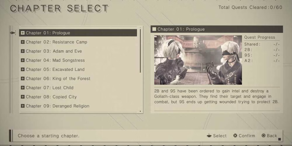 Sele&ccedil;&atilde;o de cap&iacute;tulos desbloqueada em NieR Automata