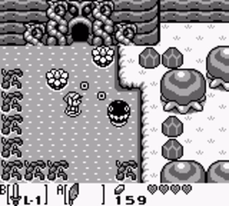 Link enfrenta uma criatura em uma &aacute;rea externa monocrom&aacute;tica de Link's Awakening