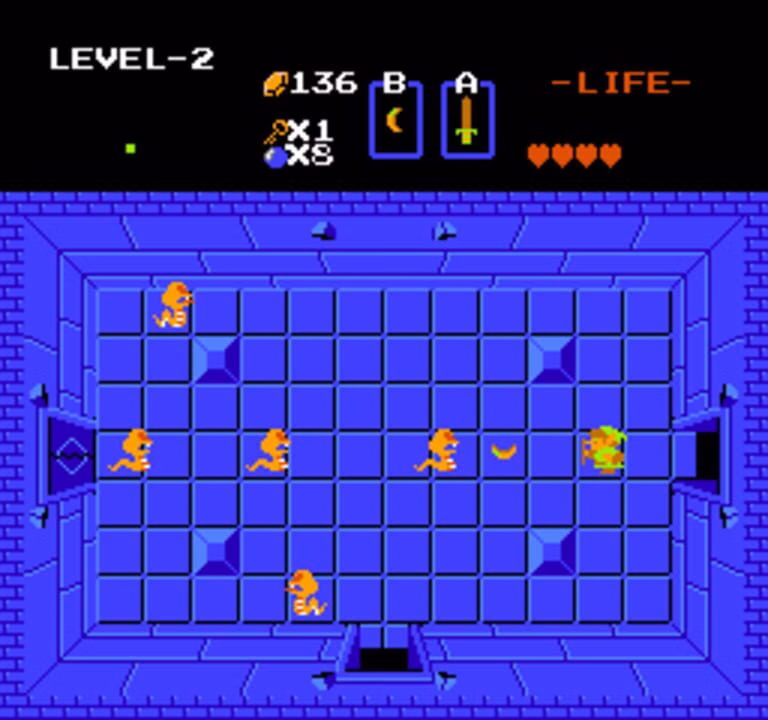 Link enfrenta inimigos em uma sala azul do primeiro The Legend of Zelda