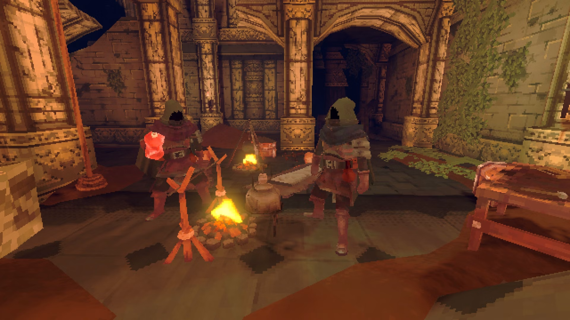 Exploradores reunidos em uma masmorra de Deep Dish Dungeon