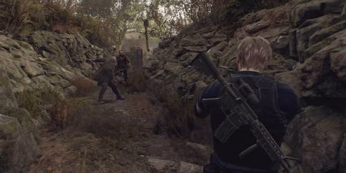 Leon atira em um machado em Resident Evil 4 Remake