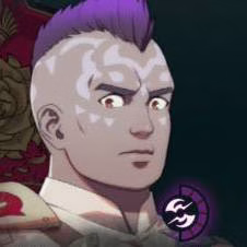 Homem de moicano roxo em Fire Emblem: Fortune's Weave