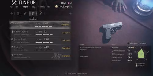 Blacktail no menu de melhorias em Resident Evil 4 remake