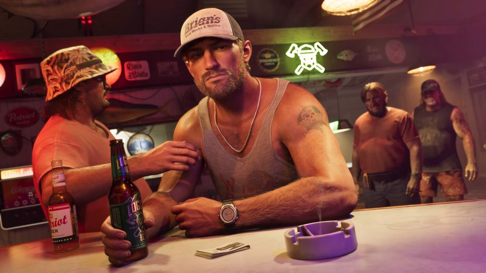 Clientes reunidos no balc&atilde;o de um bar em Grand Theft Auto VI