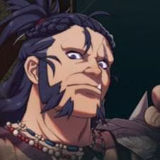 Homem forte com costeletas e cabelo comprido preso