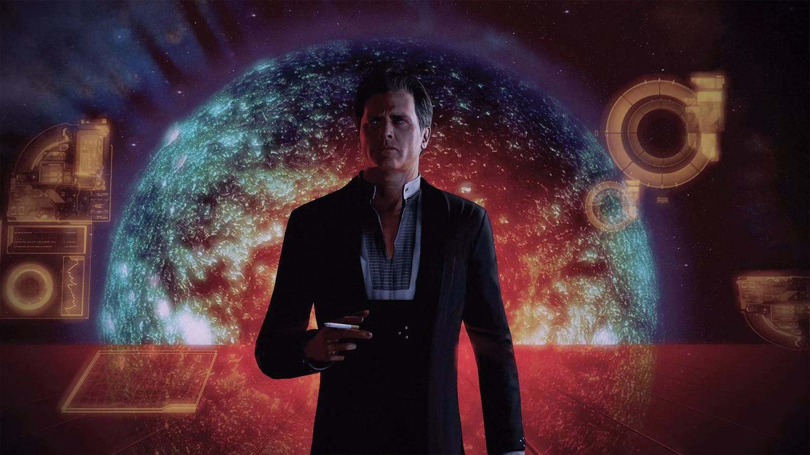 Personagem diante de um planeta hologr&aacute;fico em Mass Effect