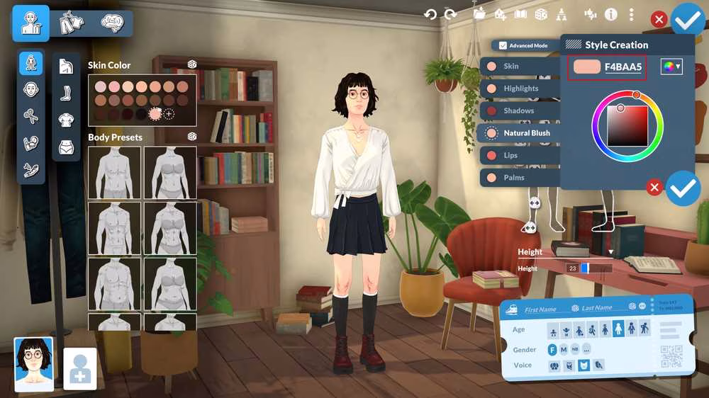 skin tone hex code customisation in paralaives