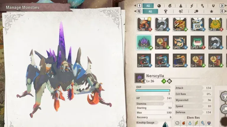 Imagem de gerenciamento de monsties, exibindo Nerscylla