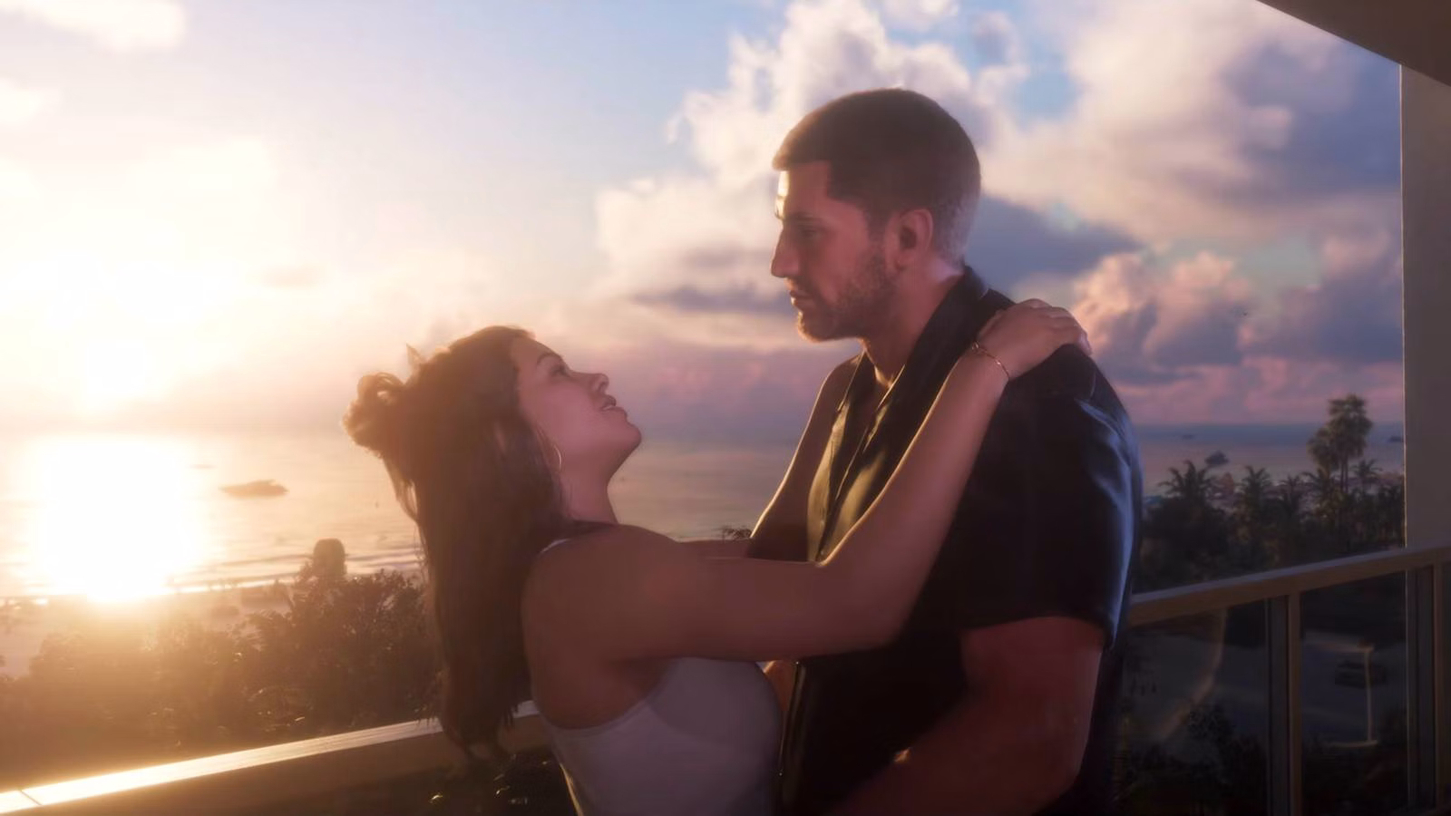 Jason e Lucia abra&ccedil;ados em uma varanda ao p&ocirc;r do sol